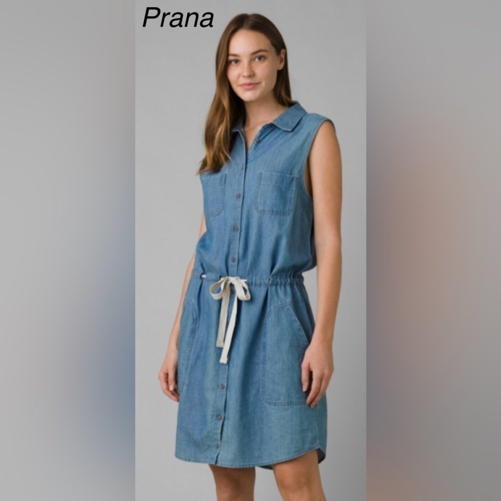 Prana Sunrise Peak Denim tie Waist Button Down Dress w Chic Oversized Pockets SM